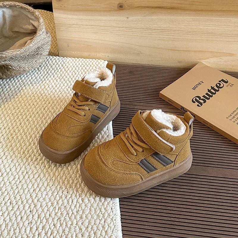 2025 Outdoor Kids Winter Ankle Boots Warmth Causal Children's Platform Furry Boots Hook Loop Girls Fashion Cotton Boots Non-slip