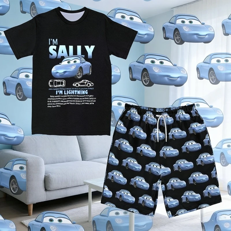 

Children Tracksuit Lightning Mcqueen and Sally Print T Shirt+Pajamas Pants Casual Couple Suit Fashion Kid/Adult 2 Piece Sets