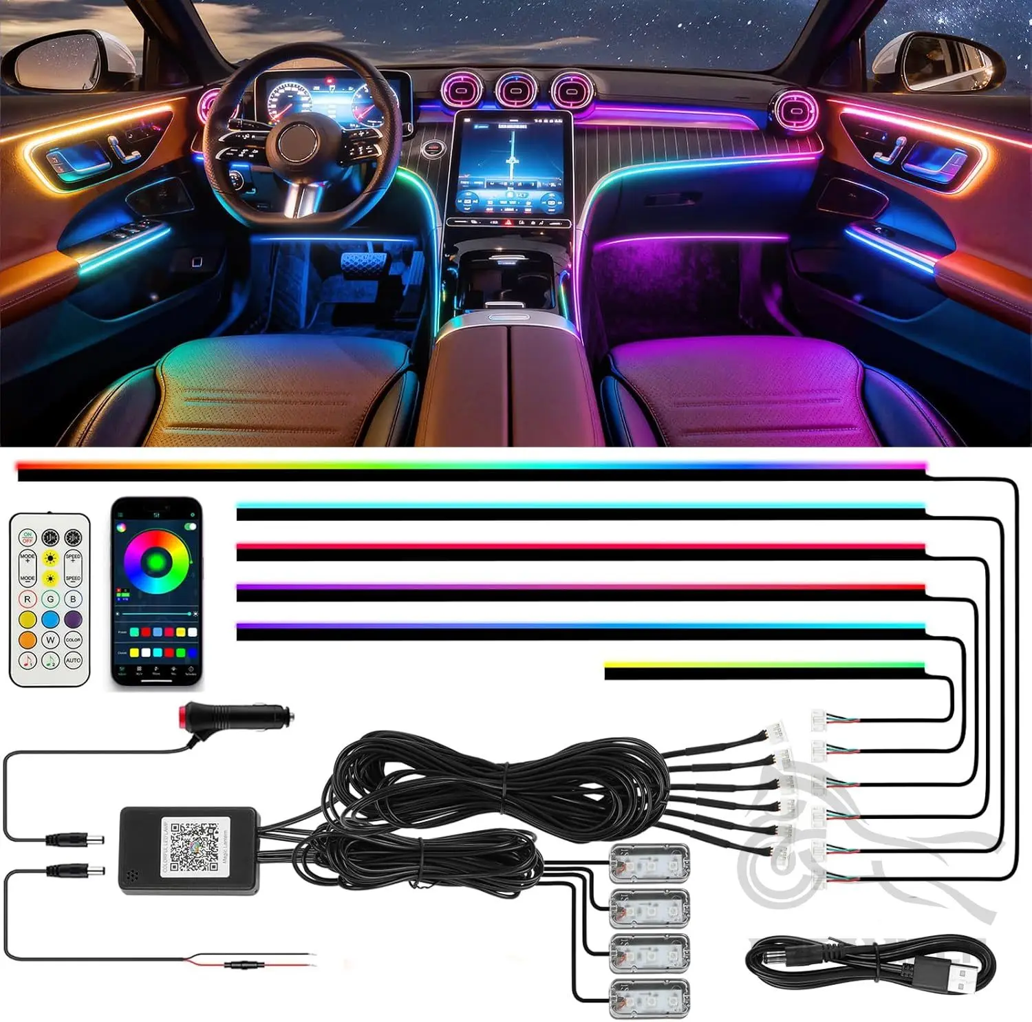 

Светодиодная лента для салона автомобиля 10-в-1 с управлением через приложение, RGB-подсветка, оптоволоконные светодиоды, синхронизация с музыкой, неоновые огни для автомобиля