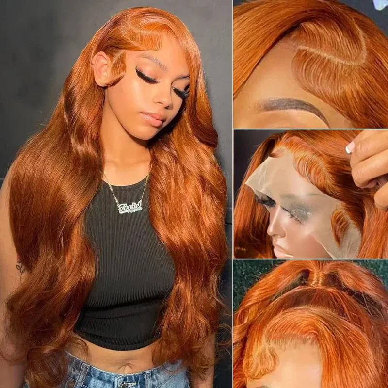 Perruque Lace Front Wig Body Wave 100% naturelle, cheveux humains, orange, 13x6, sans colle, pre-plucked, pour femmes