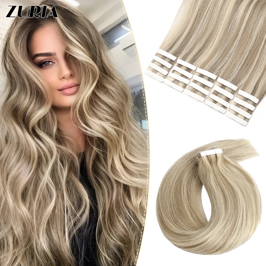 ZURIA Tape In Human Hair Extension 100% Real Long Wigs Natural Straight invisible Adhesive Hairpieces Bundles For Women