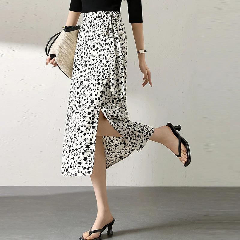 

Vintage Floral Print A-line Midi Skirts For Women New 2025 Summer Korean Skirt Streetwear Drawstring High Waist Casual Skirt