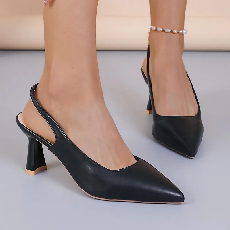 Sapatos de salto médio simples para mulheres, dedo apontado sexy, slingback, vestido elegante, salto alto, bombas monocromáticas, moda, novo, 2024