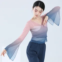 Classical Dance Mesh Top Flared Sleeve Gradient Ramp V Neck Elegant Women Modern Dance See Through Figure Skating Ballet Shirts