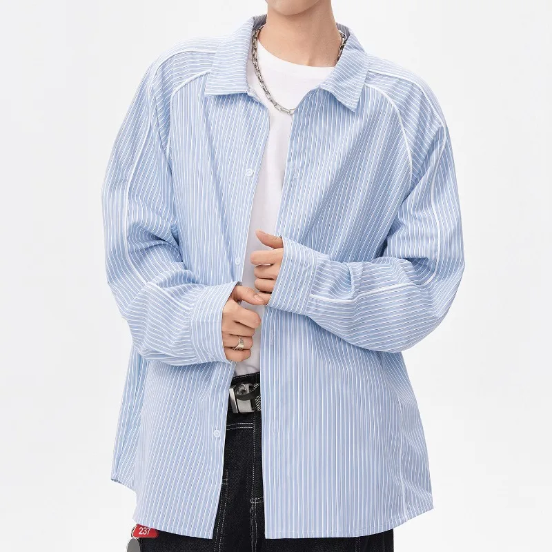 Unisex Striped Oversized Long Sleeve Shirt Loose Fit Beige Vertical Stripe Casual Button Down Shirt Top