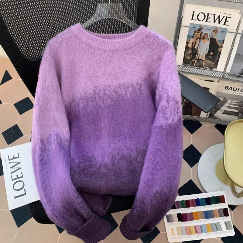 Jesień Zima Nowy Okrągły Dekolt Długi Rękaw Modny Sweter Damski High Street Gradient Casual Pullovers Elegancki Szykowny Top All-match