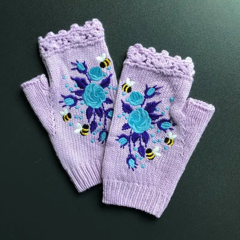 Niedliche Vintage-Handschuhe mit Stickerei, gestrickt, Bienenmuster, halbe Finger, fingerlose Handschuhe, koreanischer Stil, warme Winter-Wollhandschuhe, für den Außenbereich – Detail 12