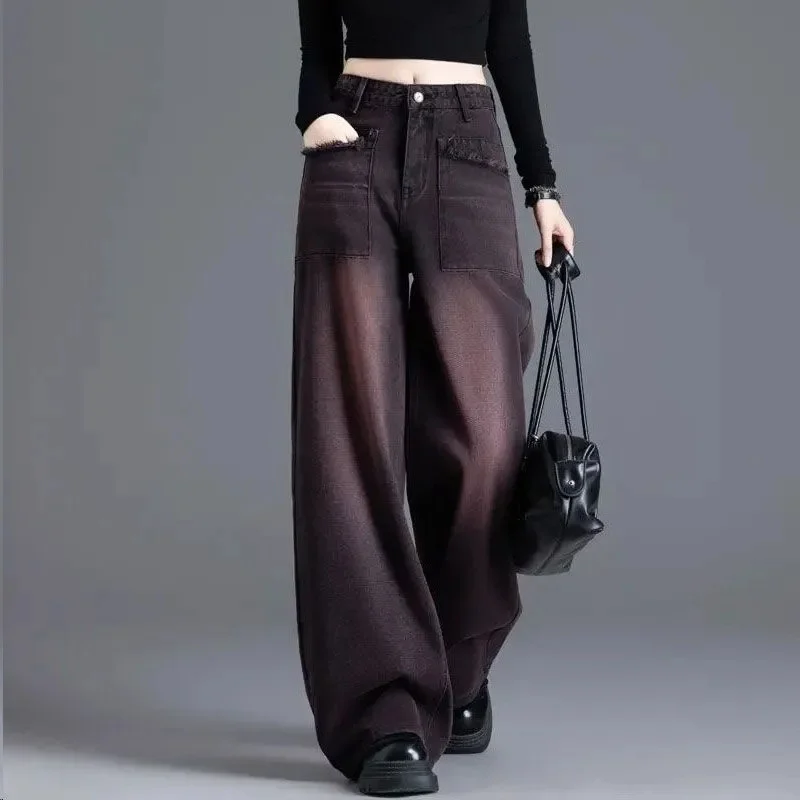 กางเกงยีนส์ทรงหลวมสไตล์เกาหลี เอวสูง ขาบาน สำหรับผู้หญิง แฟชั่นฤดูใบไม้ร่วงและฤดูหนาว