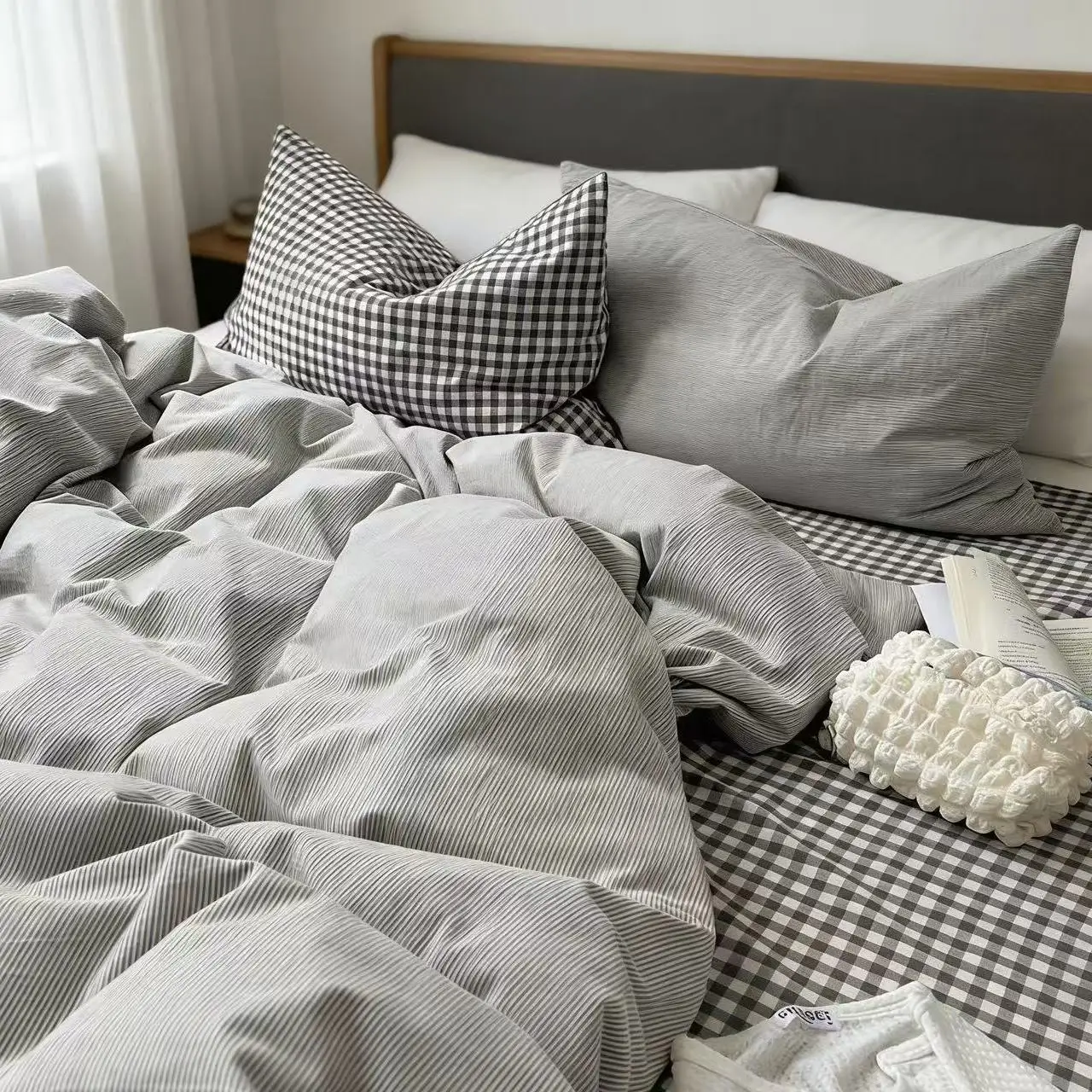Grey Bedding Set Ins Grid Blue Green Duvet Coer Pillowcase Bed Sheet Twin Single Queen Size Comforter Cover Home Bedding