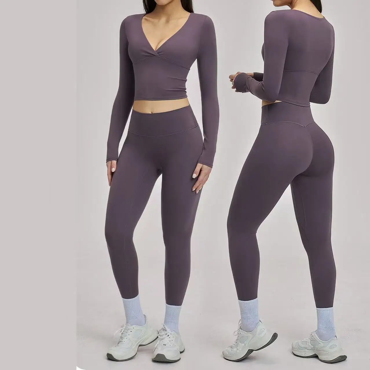 ningyu-2-個女性のトラックスーツディープ-v-長袖ヨガセットハイウエストレギンススポーツジム服女性多用途カジュアルスーツ