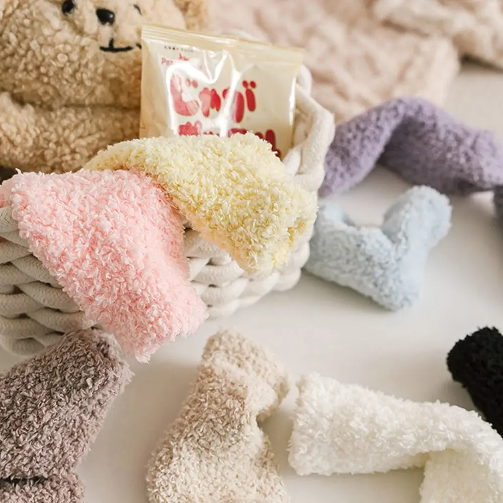 Solid Color Coral Fleece Baby Socks Thickening Korean Style Infant Learning Walk Socks Non-Slip Sole Cat Paw Home Sleep Socks