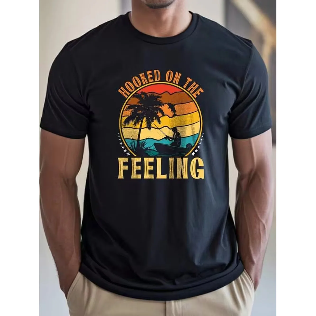 Camiseta negra con estampado de puesta de sol para hombre, cuello redondo, informal, de algodón, tejido de punto de elasticidad media, corte regular, ideal para actividades al aire libre.