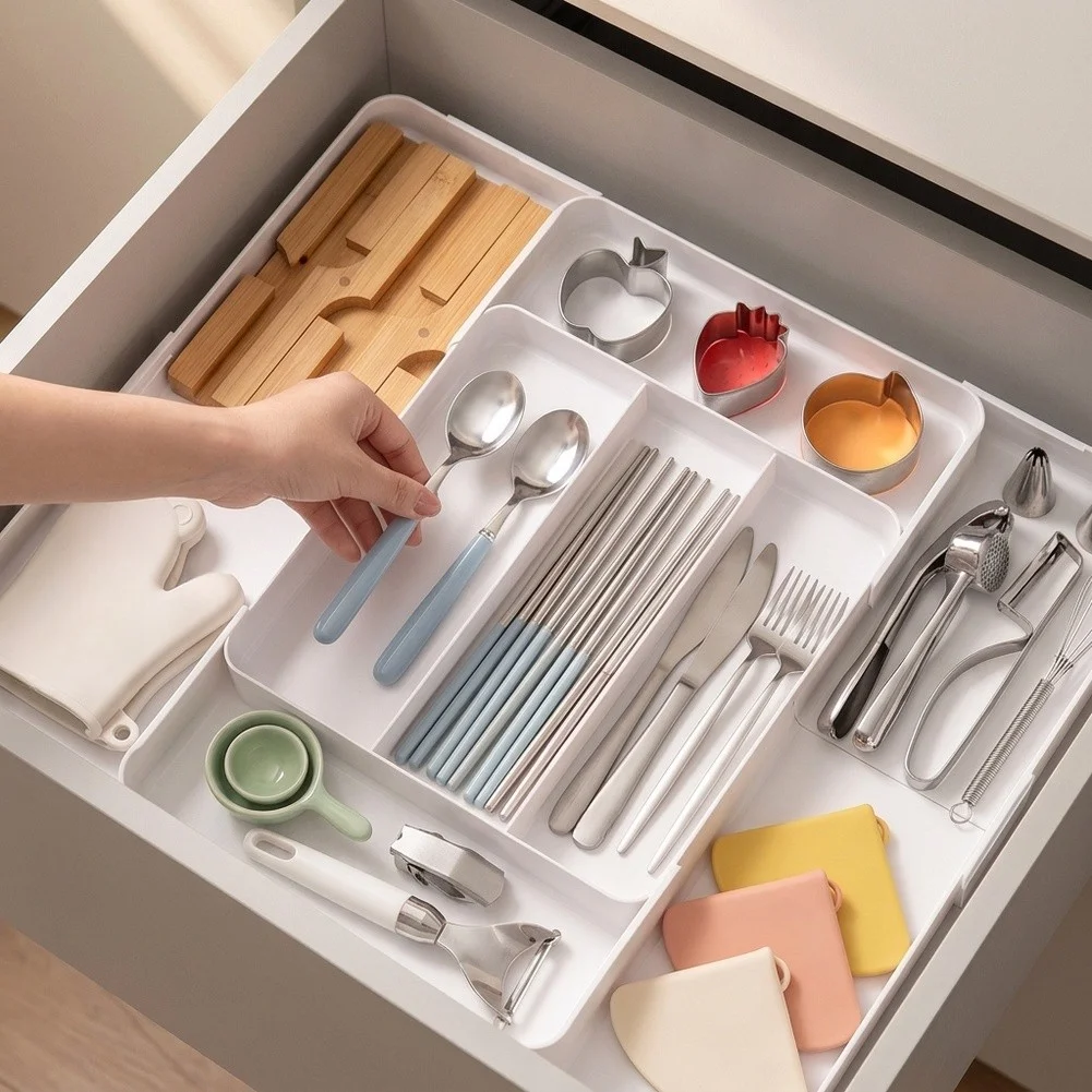 White Cutlery Tray For 27cm Wide Drawers - 7 Convenient Compartments Kitchen Tools Drawer Organizer Tray