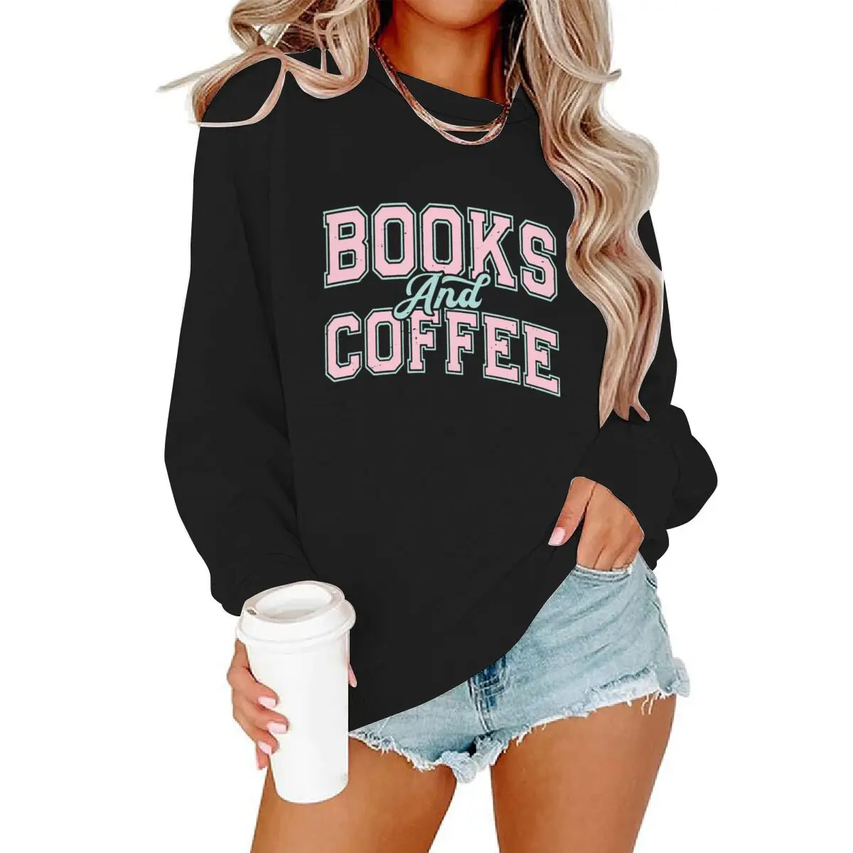 

Свитшот с принтом «Книги и кофе» – подарок для любителей книг и кофе, женский свитшот с длинными рукавами и надписью