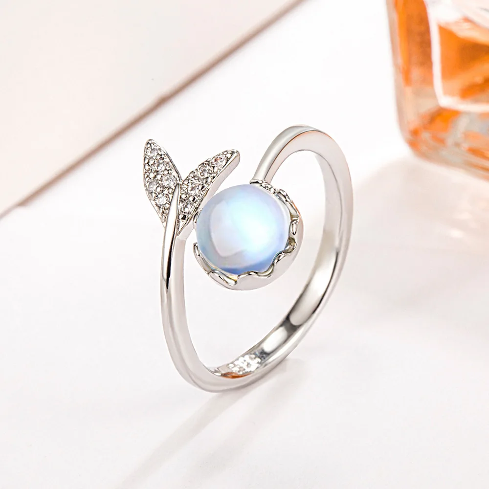 Anéis Abertos Ajustáveis para Mulheres, 925 Sterling Silver, Cauda de Peixe, Moonstone, Noivado, Qualidade Luxo, Itens de Jóias