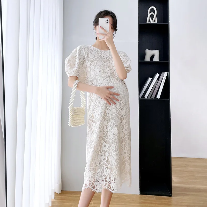 2024 Summer Maternity Lace Dress Sweet Button Fly Good Quality Pregnant Woman Wedding Dress Elegant Pregnancy Party Dress Cute