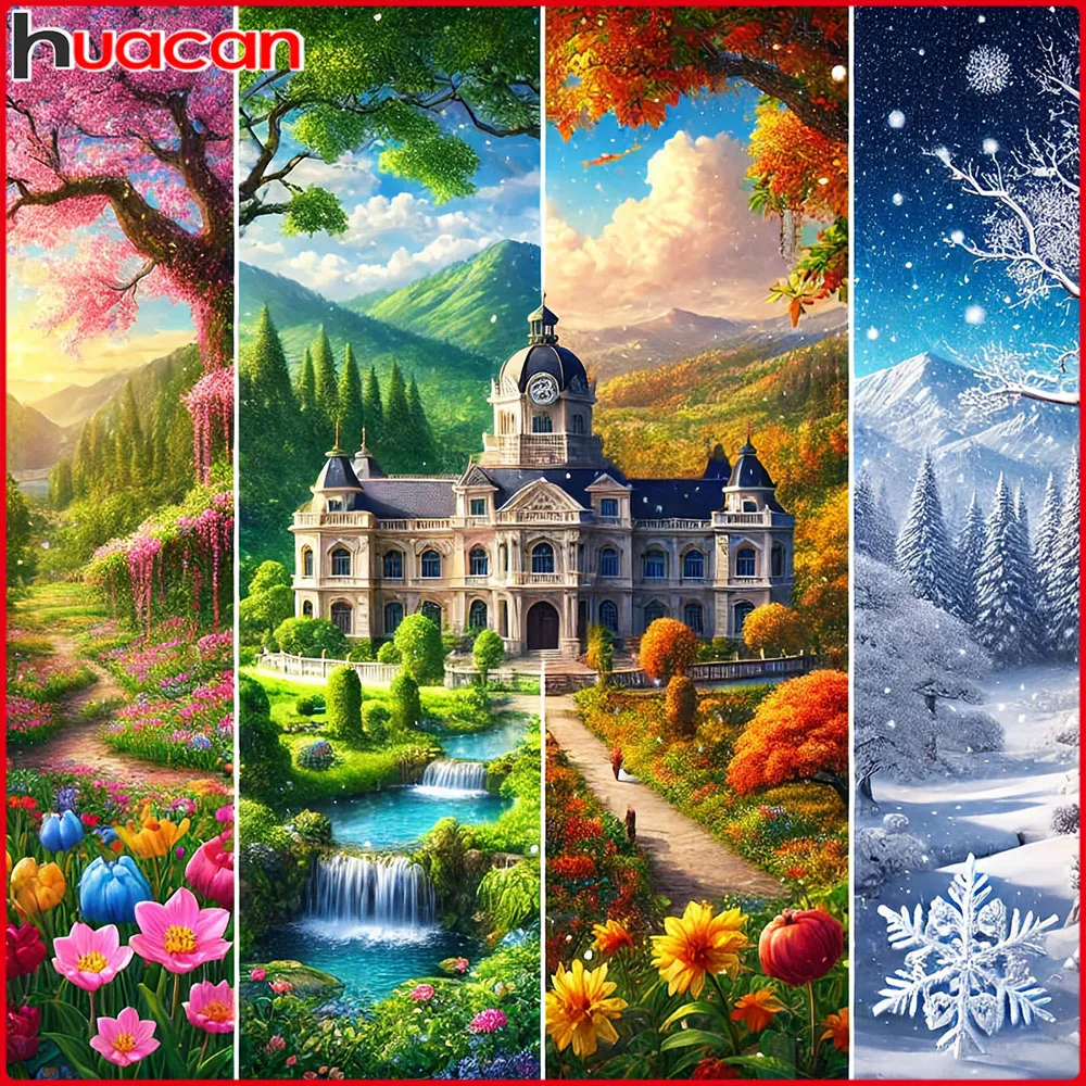Huacan Full Square Round Drill Diamond Painting Four Seasons Diamond Mosaic Landscape Set Home Decoration