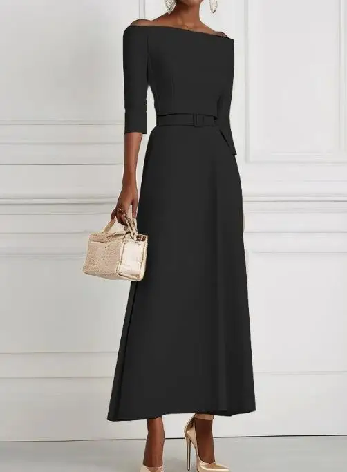

Solid Color Fashionable Temperament Waist Cinched Women's Dress, Elegant Summer Solid Color Off Shoulder One Neck Slim Fit Dress