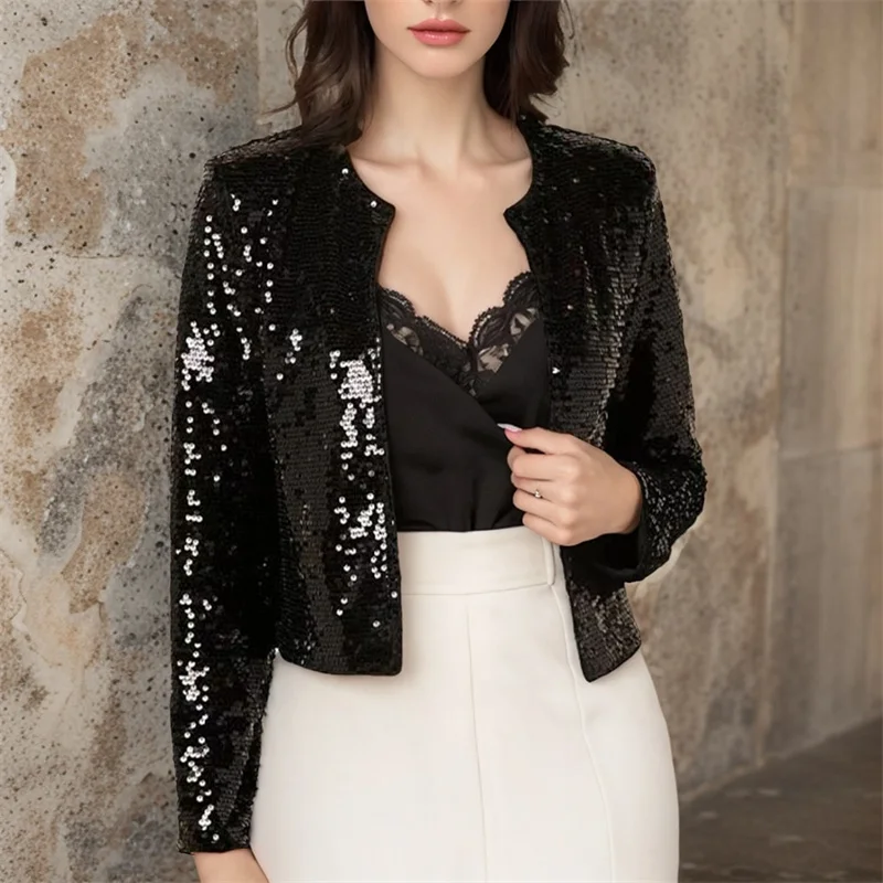 Sequined Coat Women Open Stitch Short Jackets Streetwear O-neck Long-sleeve Casual Tops Slim Outerwear Lady Spring Summer 2025