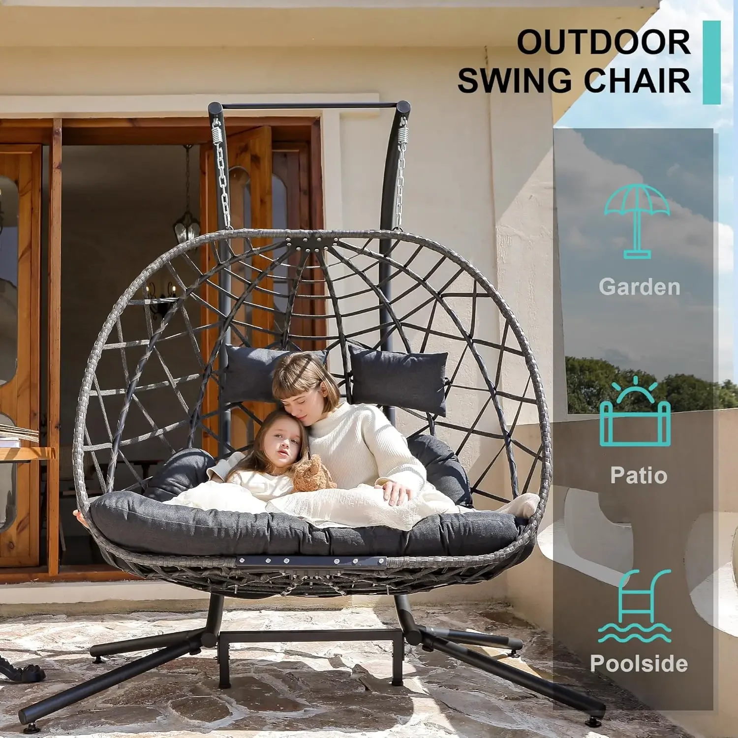 Double Egg Swing Chair with Stand, 2 Person Outdoor Indoor Hammock Hanging Chair with Cushion for Patio Living Room 550