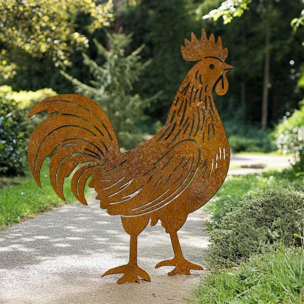 Large Sturdy Metal Rooster Stakes, Rustic Farmhouse Decor, Natural Rust-Resistant Finish, Suitable for Outdoor/Indoor Garden Terrace, Sold Individually