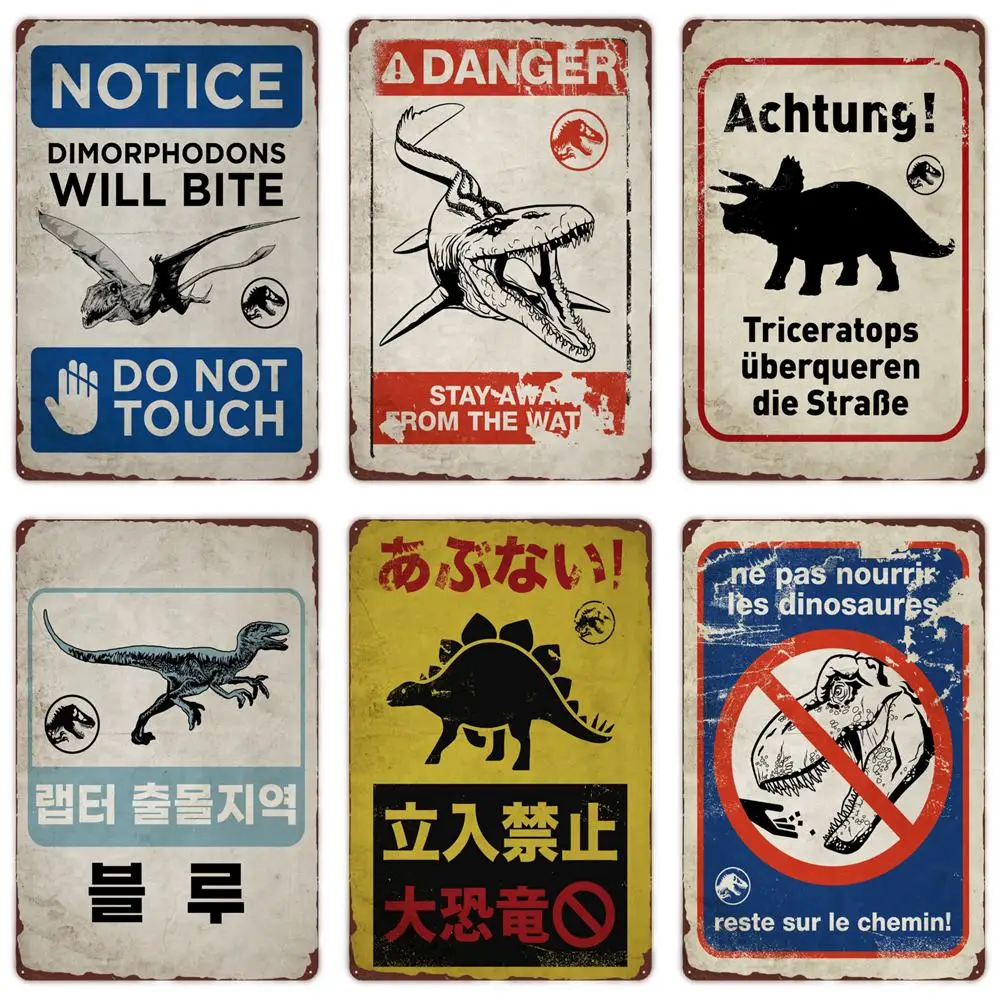 Vorsicht vor Dinosauriern, lustiges Vintage-Metallblechschild, Triceratops-Plakette, Wanddekoration, Garten, Bauernhof, Haus, Außendekoration, Warnschild