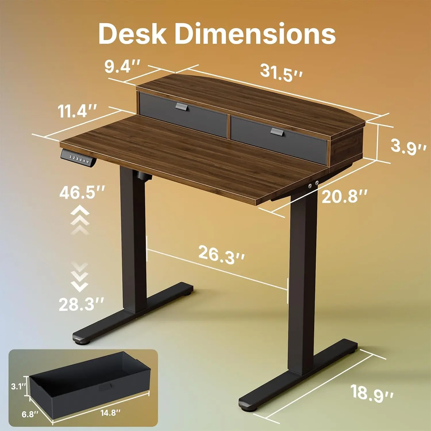 Standing Desk 32x21 With 2 Drawers, C-Clamp Mount, Walnut, Customized