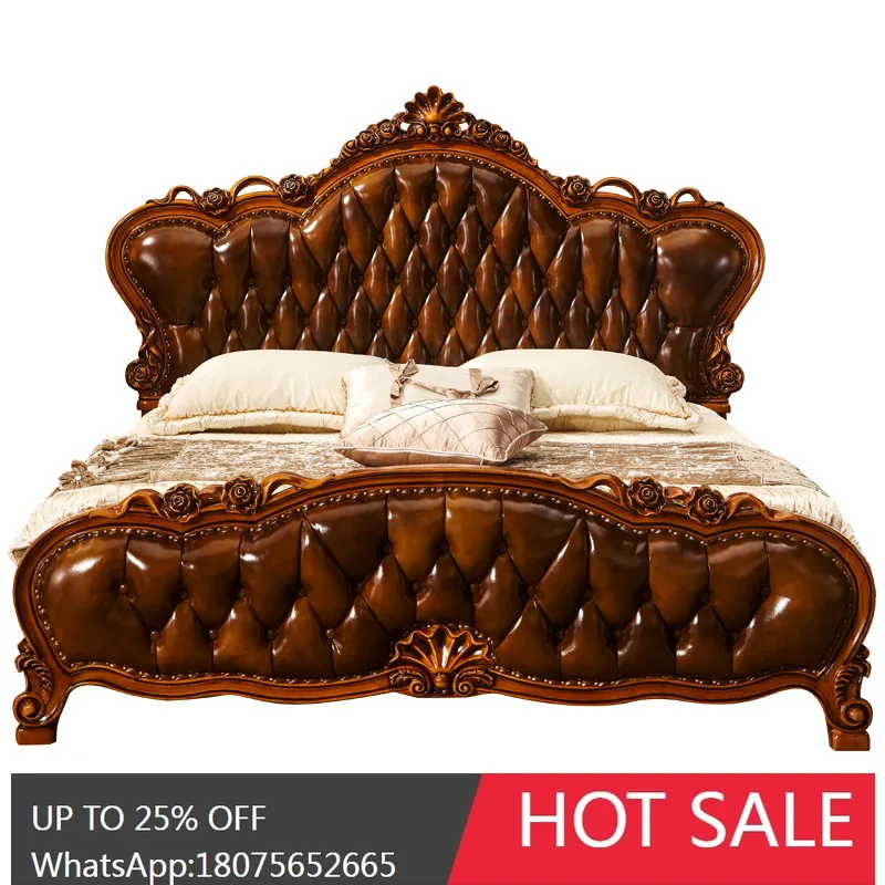 

SGF European Style Leather Bed Luxury Solid Wood Carved Double Storage Bed