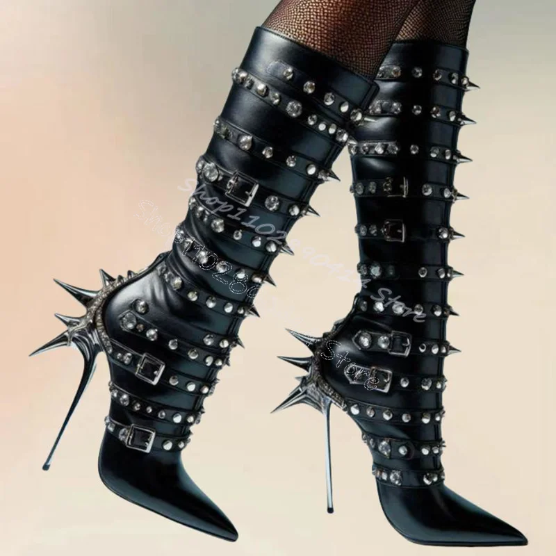 Spikes Decor Black Pointed Toe Metal Heel Boots Back Zipper Women Shoes Thin High Heels Party Banquet 2024 Zapatos Para Mujere