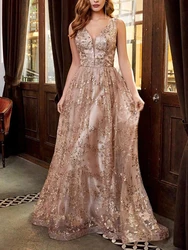 Prom Dresses For Woman Appliques Sequin V-Neck Backless Floor-Length Sleeveless Formal Occasion Party Evening Elegant Customize