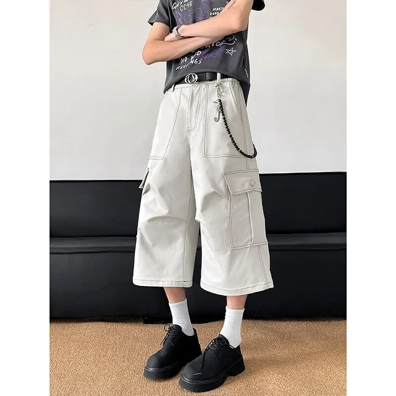 

Pop Summer Casual Pants Men Retro Pocket Cargo Pants Men Japanese Streetwear Hip-hop Loose Wide Leg Pants Mens Cropped Trousers