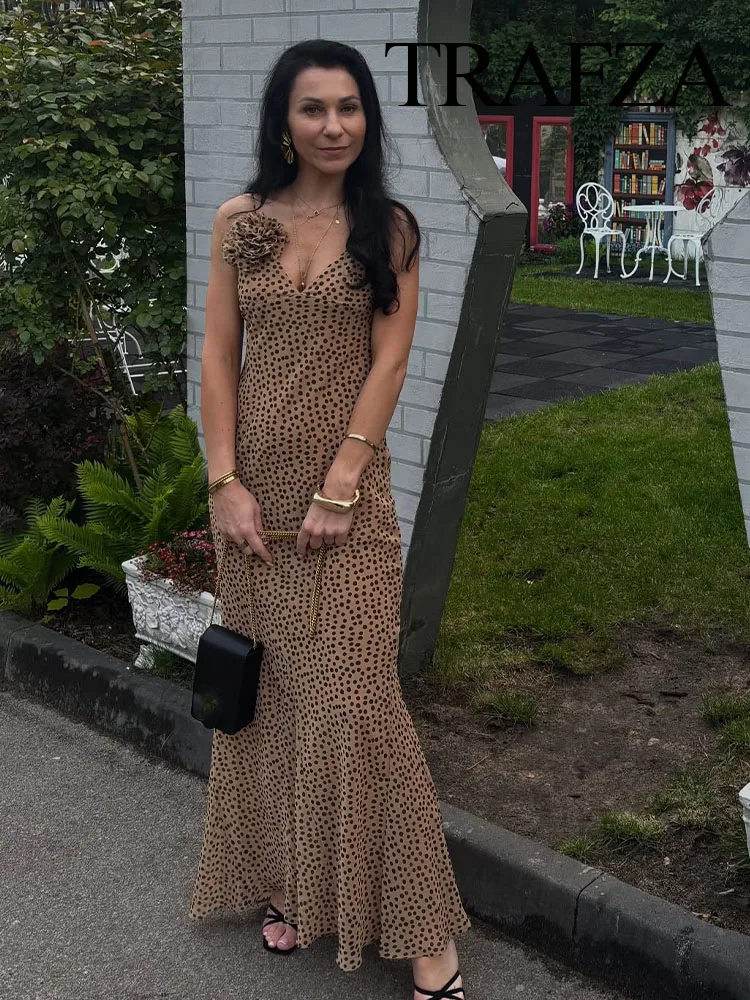 

TRAFZA Women Summer Fashion Sexy V-neck Flower Decoration Polka Dot Long Dress Female Elegant Zipper Slim Suspender Dress Mujer