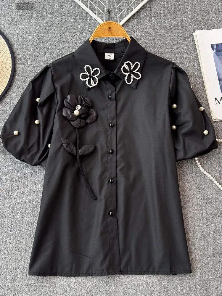 

Summer French Commuter 3D Flower Shirt Women 2024 New High Quality Beaded Pearl Spliced Bubble Short Sleeve Loose Top Trendy