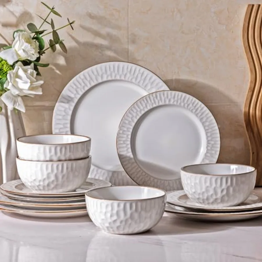 

Ceramic Dinnerware Sets12 pcs Embossed Elegant Stoneware Plates and Bowls Sets Housewarming Wedding Gift Dishwasher and Microwa