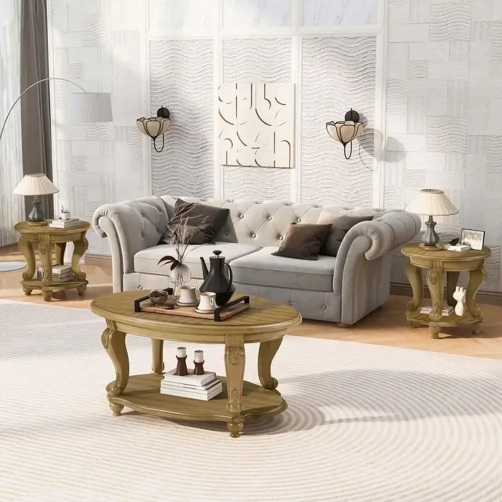 3-Piece Solid Wood Living Room Coffee Table Set with Open Storage