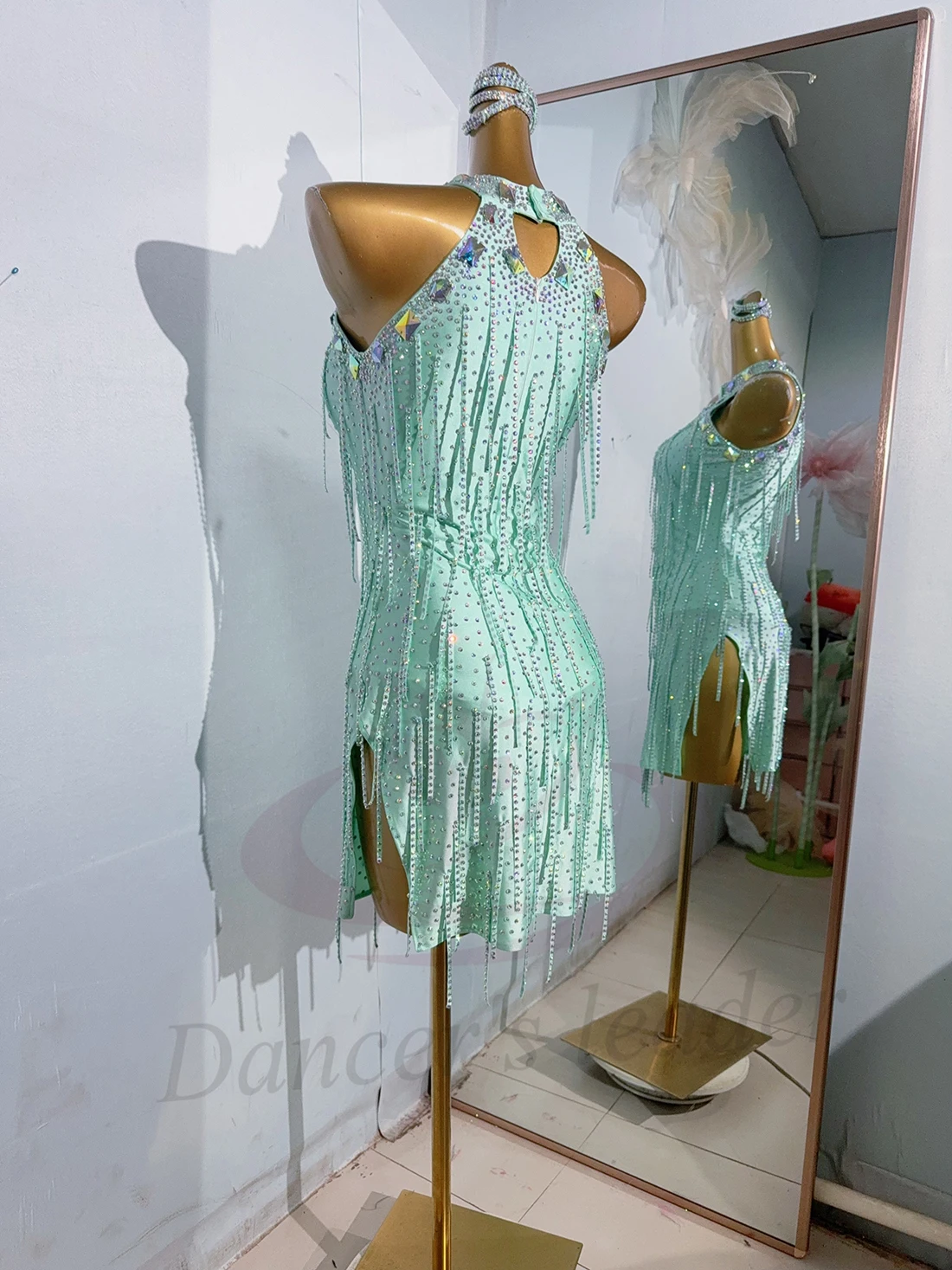 Vestido profesional de baile latino, malla personalizada de alta gama, rayas de diamantes, tango, trajes de escenario para mujeres adultas y niños