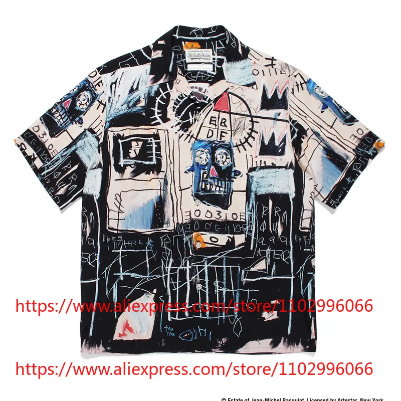 

Hot New WACKO MARIA Graffiti Print Men's Shirt Short Sleeved Button Up Streetwear Loose Casual Fashionable Top