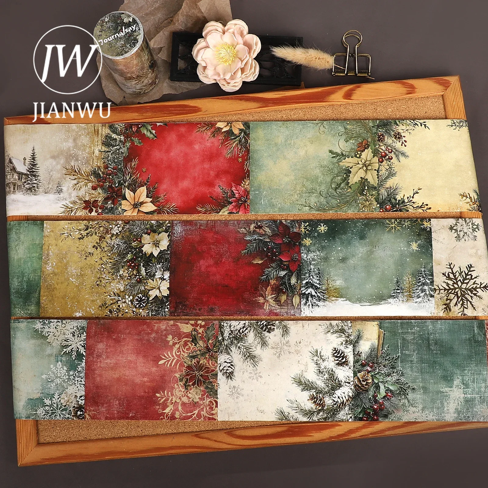 JIANWU 80mm*215cm Vintage Christmas Flower Border Landscape Material Collage Scrapbooking Washi Tape Creative Journal Stationery
