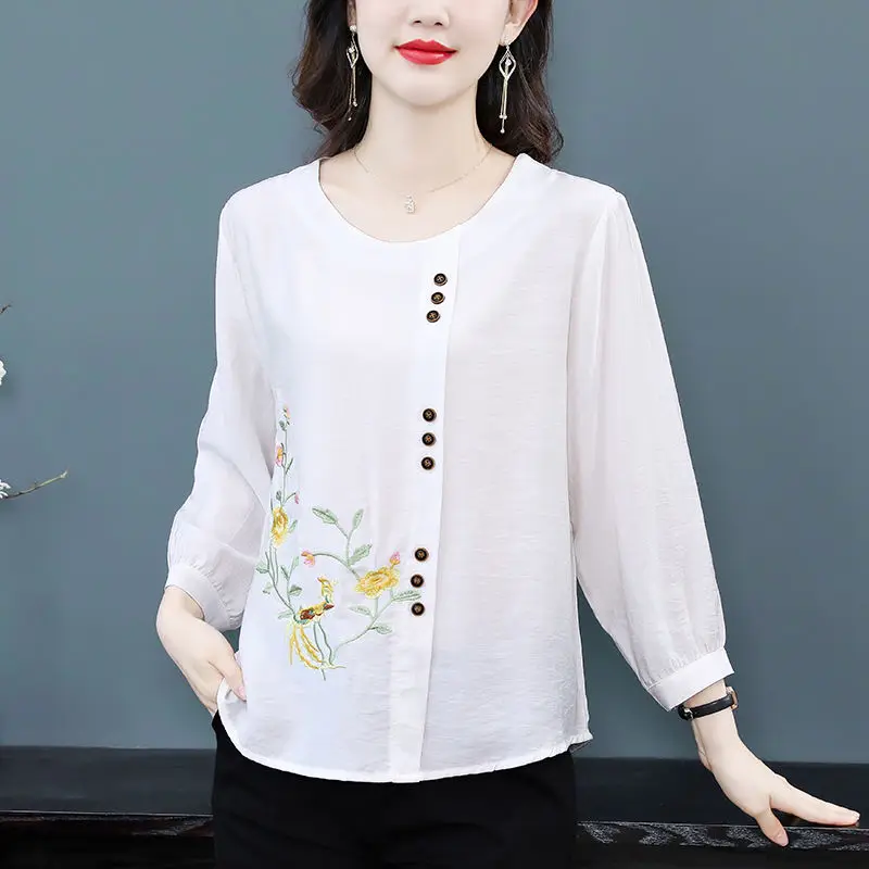 Simplicity Office Lady Summer Women\'s Solid O-Neck Embroidered Button Temperament Casual Versatile Loose 3/4 Sleeve Shirts Tops