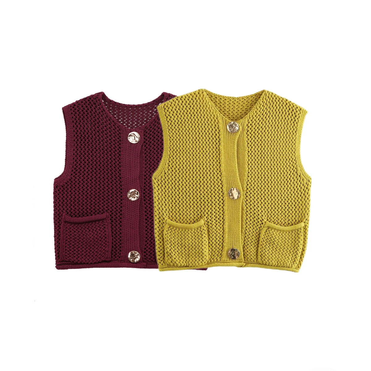 

women's thick knitted hollow vest V-neck sleeveless single-breasted front pocket top spring and summer new casual chic vest