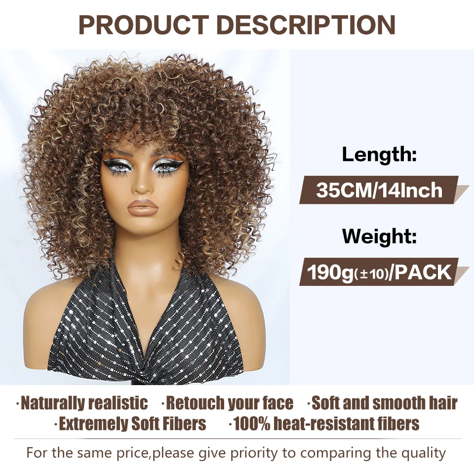 Halloween kurze Afro-Perücken mit Pony für schwarze Frauen, 35,6 cm lange synthetische Bob-Lockenperücke, Ombre-Braun, verworrenes lockiges Haar, Cosplay-Perücken