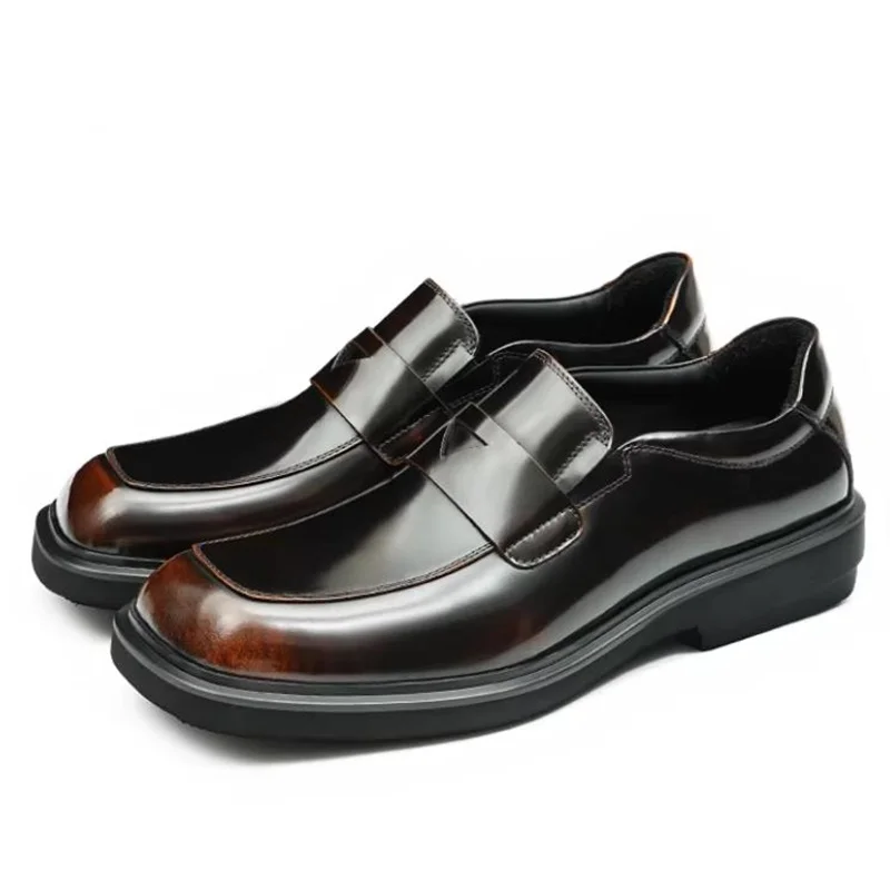 

New Fashion High Quality Cowhide Business Casual Slip-on Square-toe Loafers Men Thick Bottom Platform Dress Shoes Man