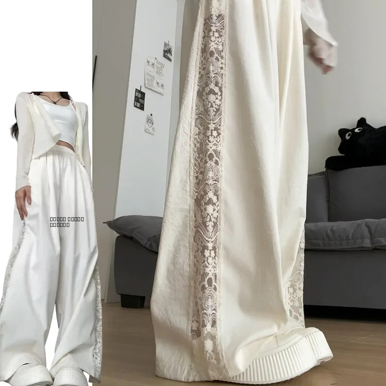 نسيج الحرير الجليد بنطال ذو قصة أرجل واسعة المرأة الصيف جديد Sle حجم صغير الجوف خارج الربط السراويل الكورية Sle Cr الأبيض #1