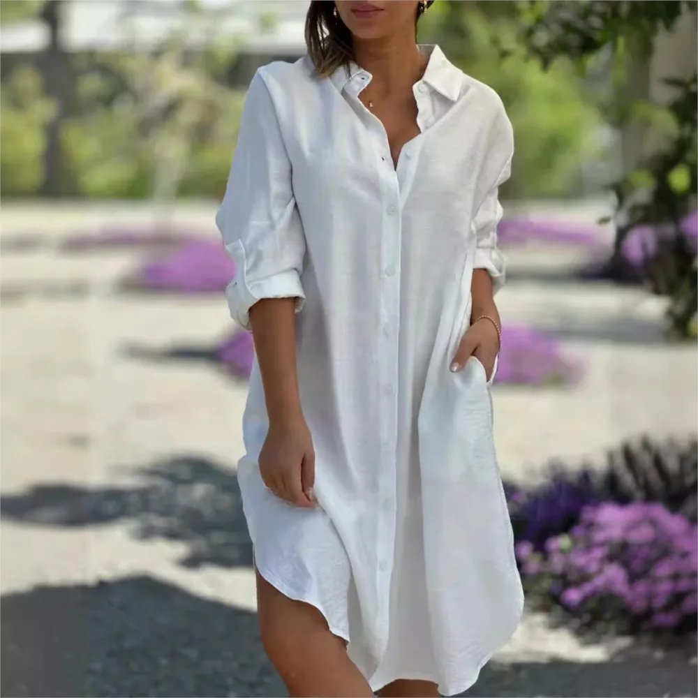 

Autumn Loose Lapel Long Sleeve Pocket Knee Length Shirt Dress 2024 Women Fashion Casual Single Breasted Cardigan Irregular Dress