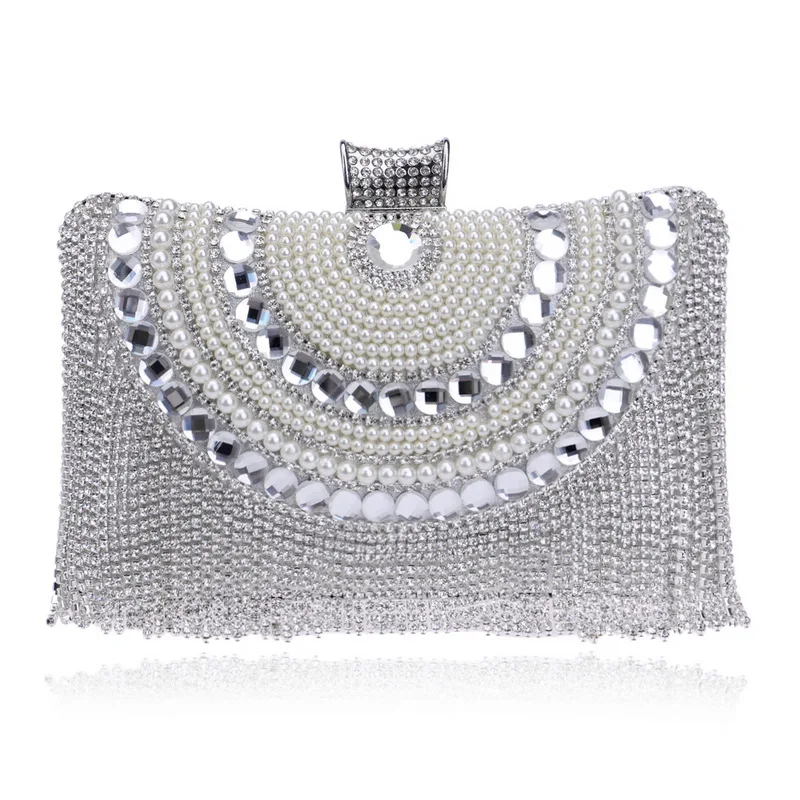 Rhinestones Tassel Clutch Diamonds Beaded Metal Evening Bags Chain Shoulder Messenger Purse Evening Bags For Wedding Bag