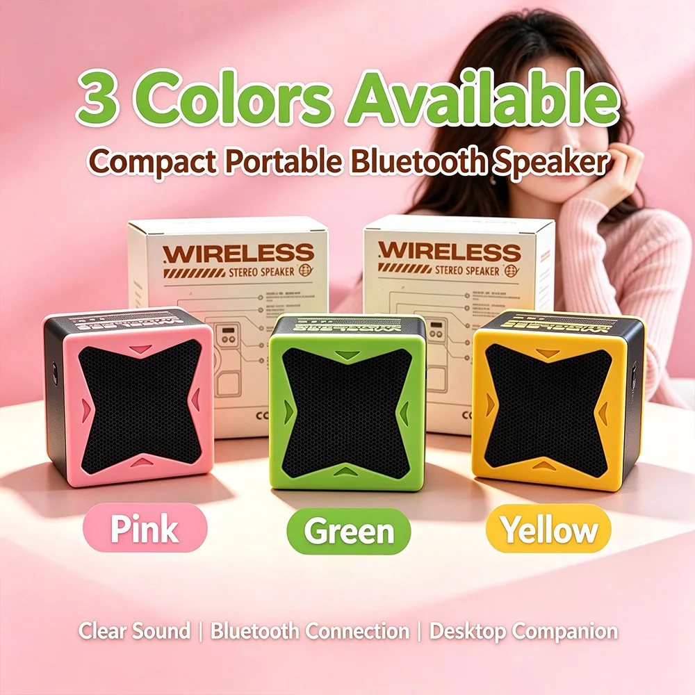 Portable Mini Bluetooth Speaker, Cute Square Wireless Stereo Speaker, Long Playtime, Desktop Outdoor Small Speaker