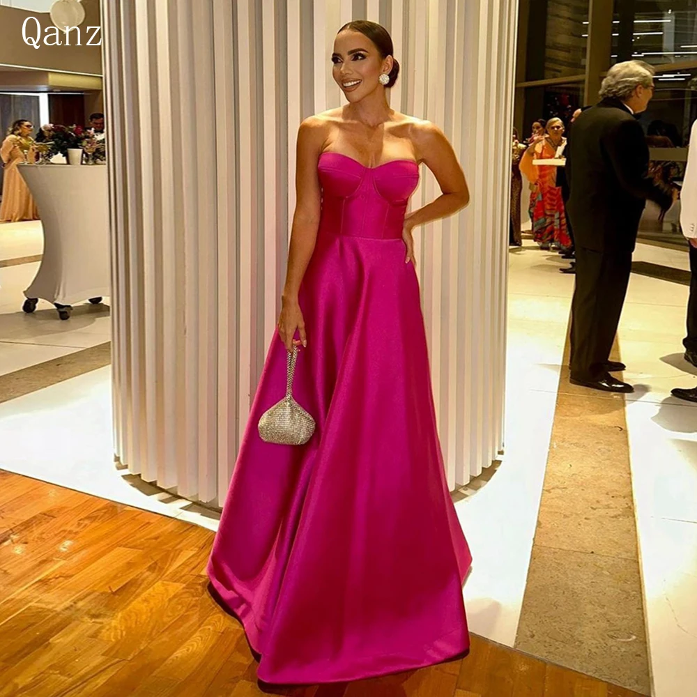 

Qanz A-line Fuchsia Dubai Prom Dresses Elegant Sweetheart Satin Evening Dress Special Occasion Gown Lace-up Vestidos De Gala