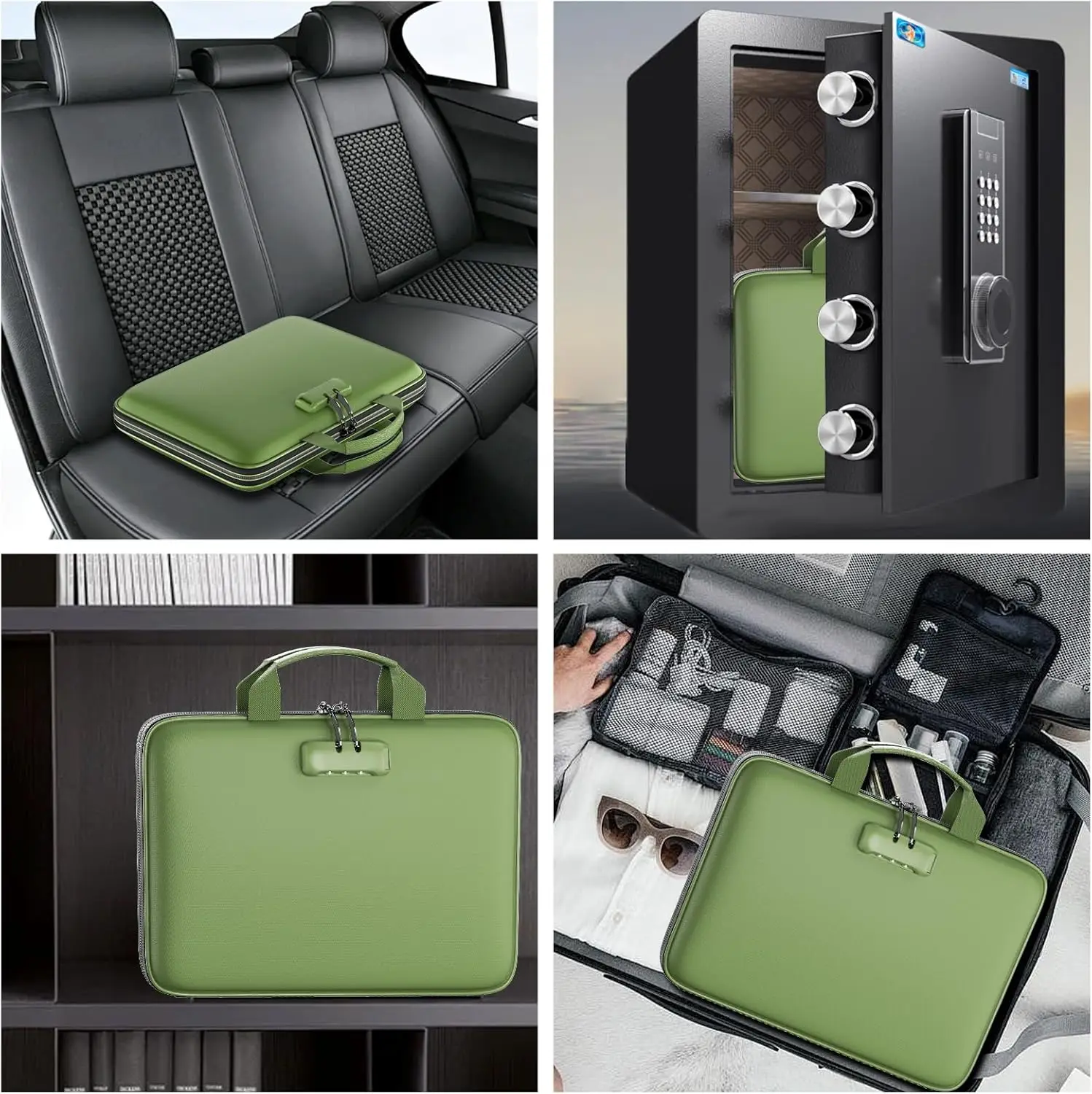 Fireproof Document Organizer with Lock, Hard-Shell Case, 13 Pockets for A4 Files & Laptops (Green)