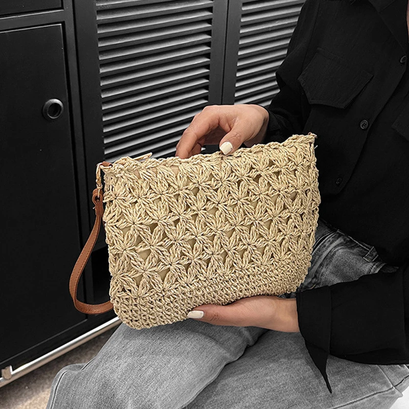 Stroh-Umhängetaschen für Damen, Sommer, gewebte Umhängetasche, Geldbörse, Bast, Strand-Armband, Häkelhandtasche, Geldbörse für Damen – Detail 8