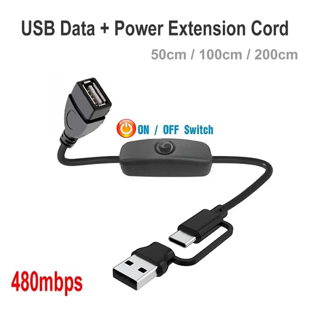 USB / Type-C to USB 2.0 Extension Cord Data Sync Charger With Switch ON/OFF Cable  USB Male to Female Extension Extender Cable